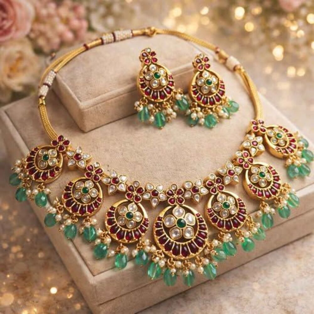 Gold  filled kundan Ruby Emerald Rice Pearls Necklace Earring Set